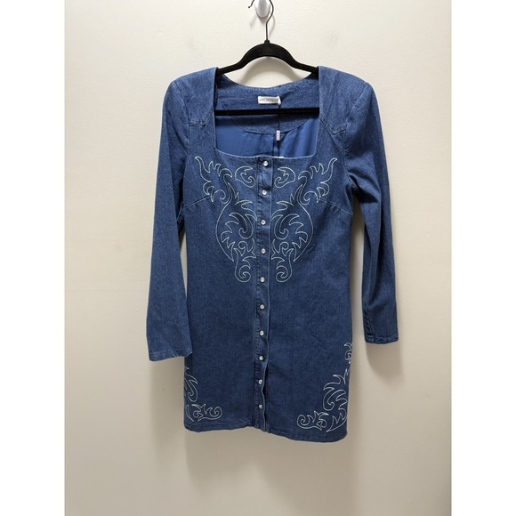 Avec Les Filles Western Embroidered Denim Mini Dress – Long Sleeve Size 8 NWT - Picture 2 of 11